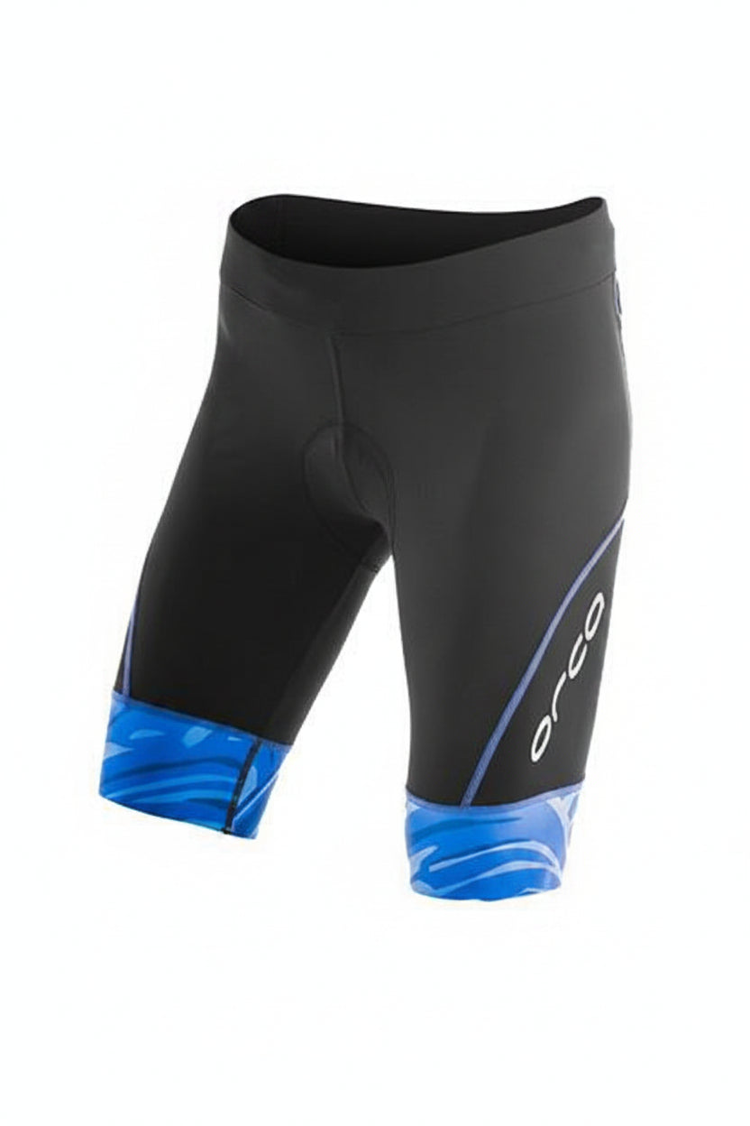Black Orca cycling shorts with blue patterned cuffs, shown on a white background with a red 'Clearance Now on Discontinued Items' badge and a black price overlay.