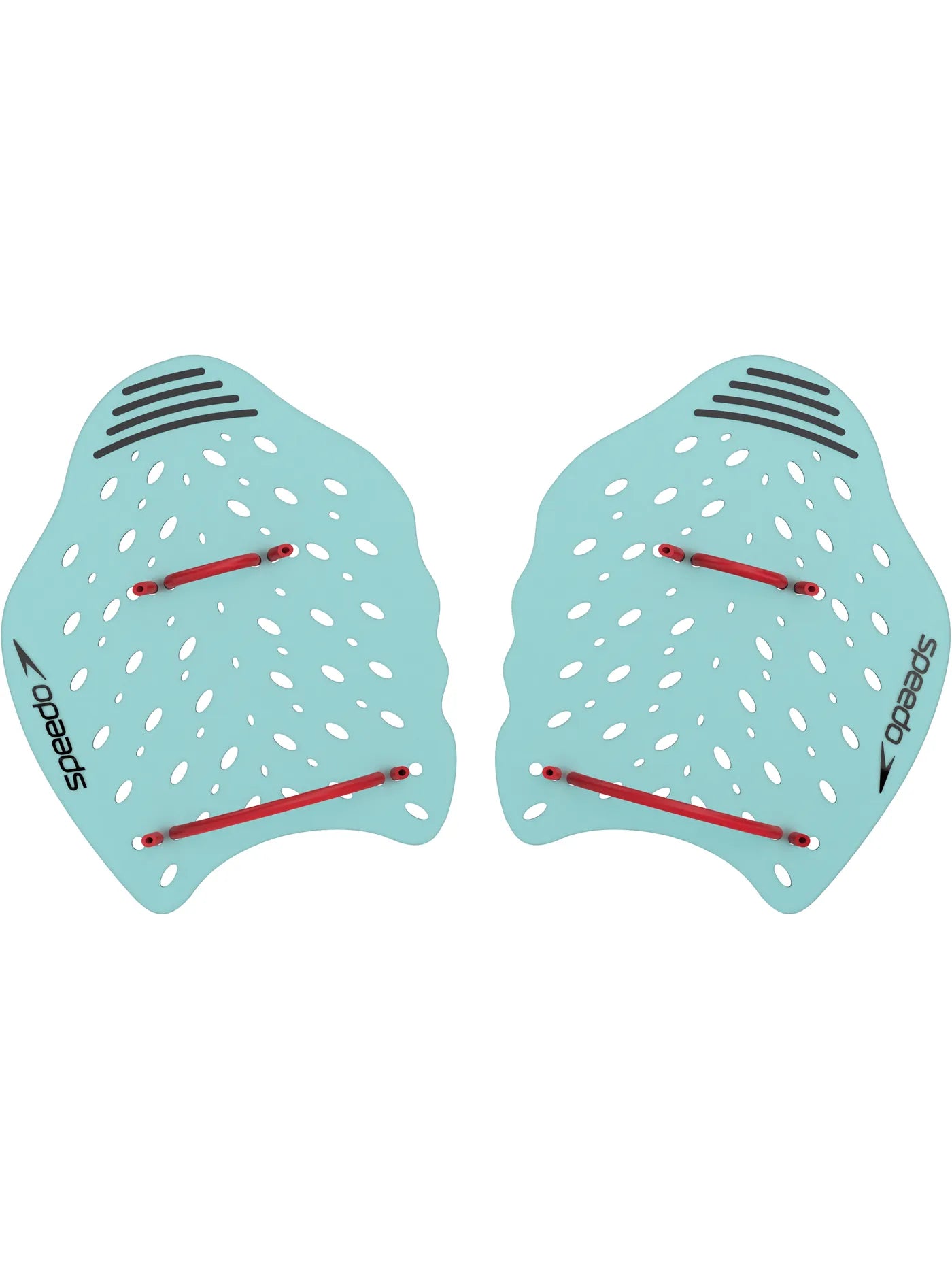 Pair of turquoise swim paddles with red sticks on a white background