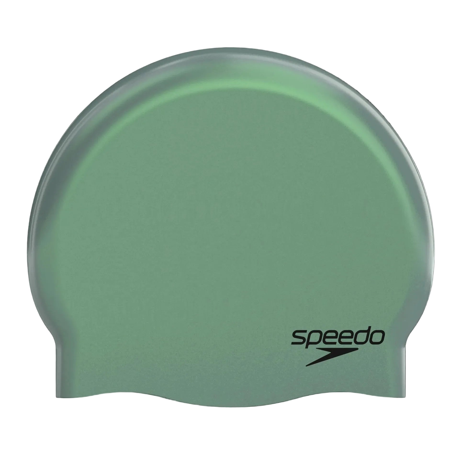 Green swim cap with Speedo logo on a white background