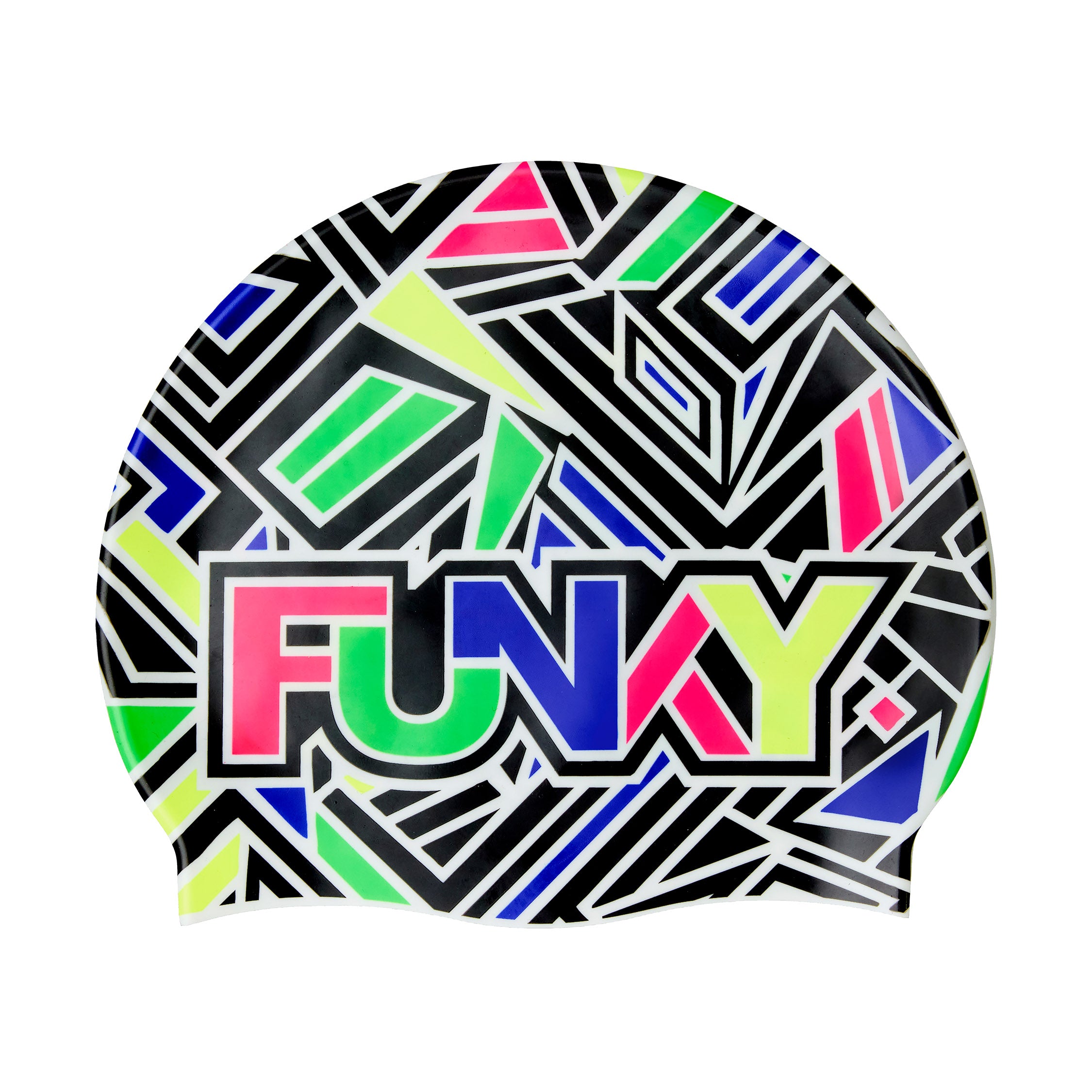 Colorful swim cap with geometric pattern and 'FUNAY' branding on a white background