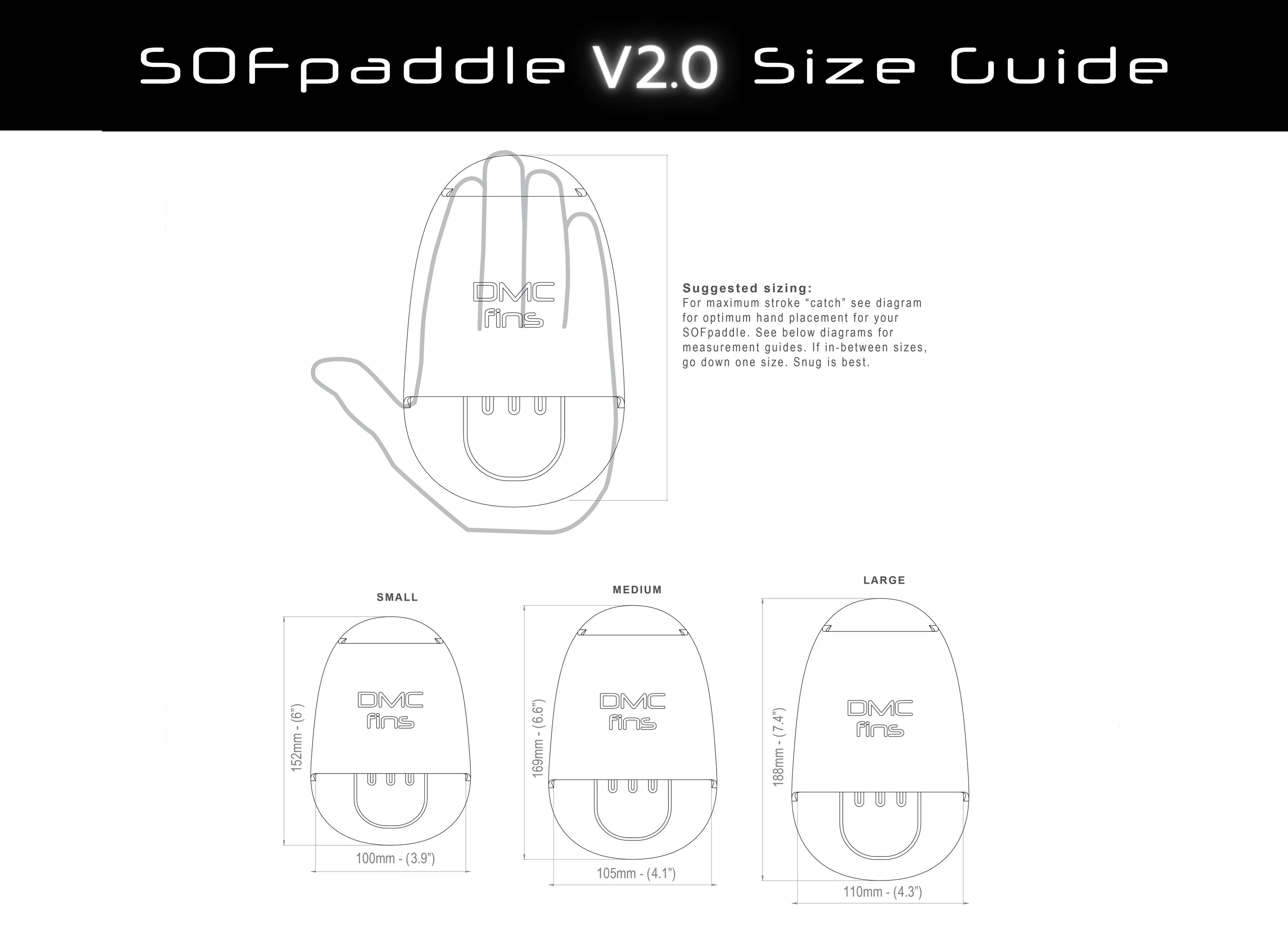 SOFpaddle V2.0 size guide with dimensions and DMC branding on a white background.