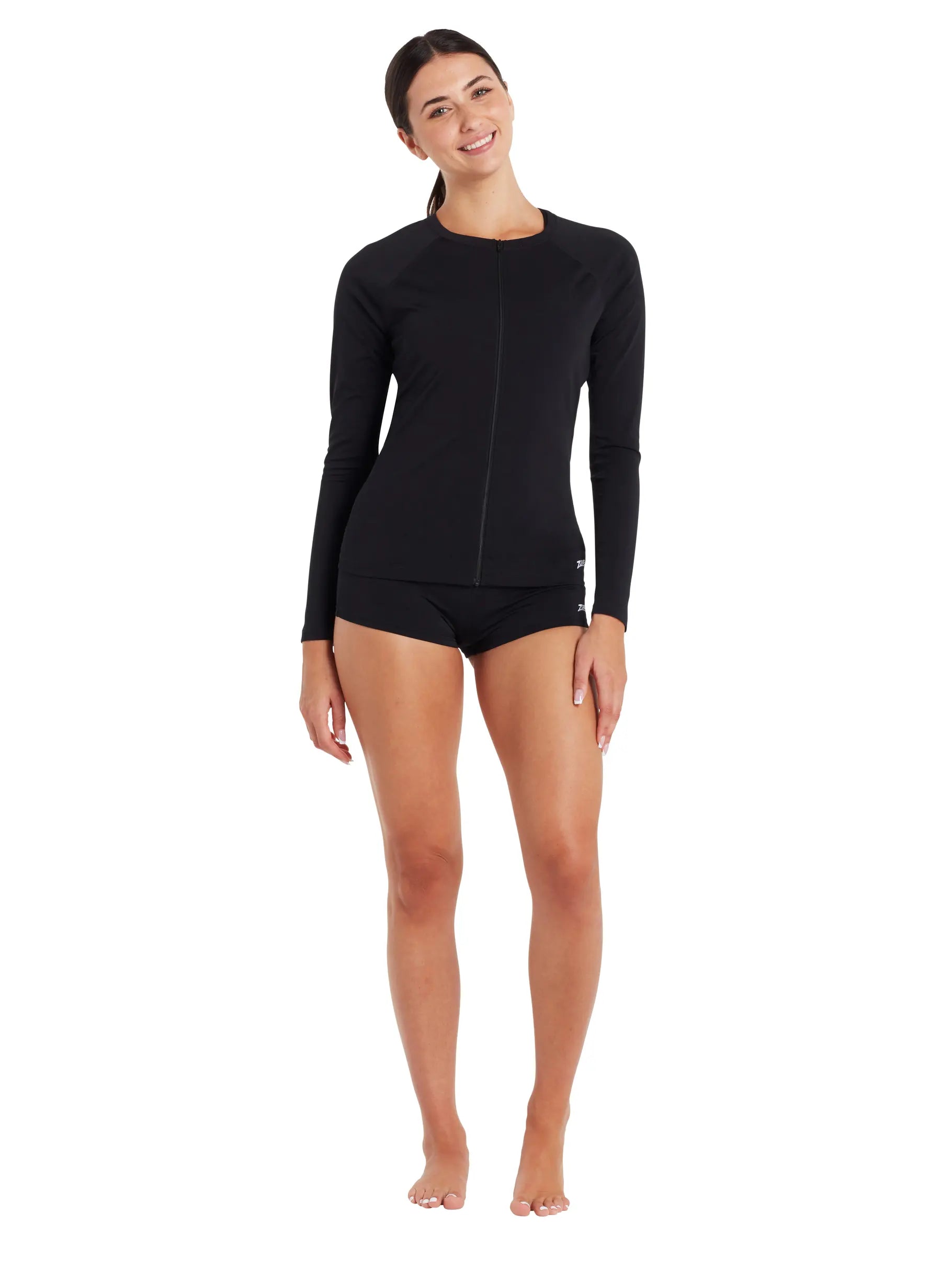 Womens Long Sleeve Zip Sun Top Black UPF50+ | Zoggs | Swimwear Shack