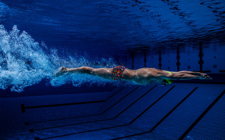 Funky Trunks boys swim trunks in bold chlorine-resistant prints for pool and beach