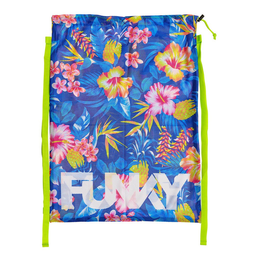 Funky Mesh Gear Bag in In Bloom. Breathable open mesh, drawstring closure & bold print