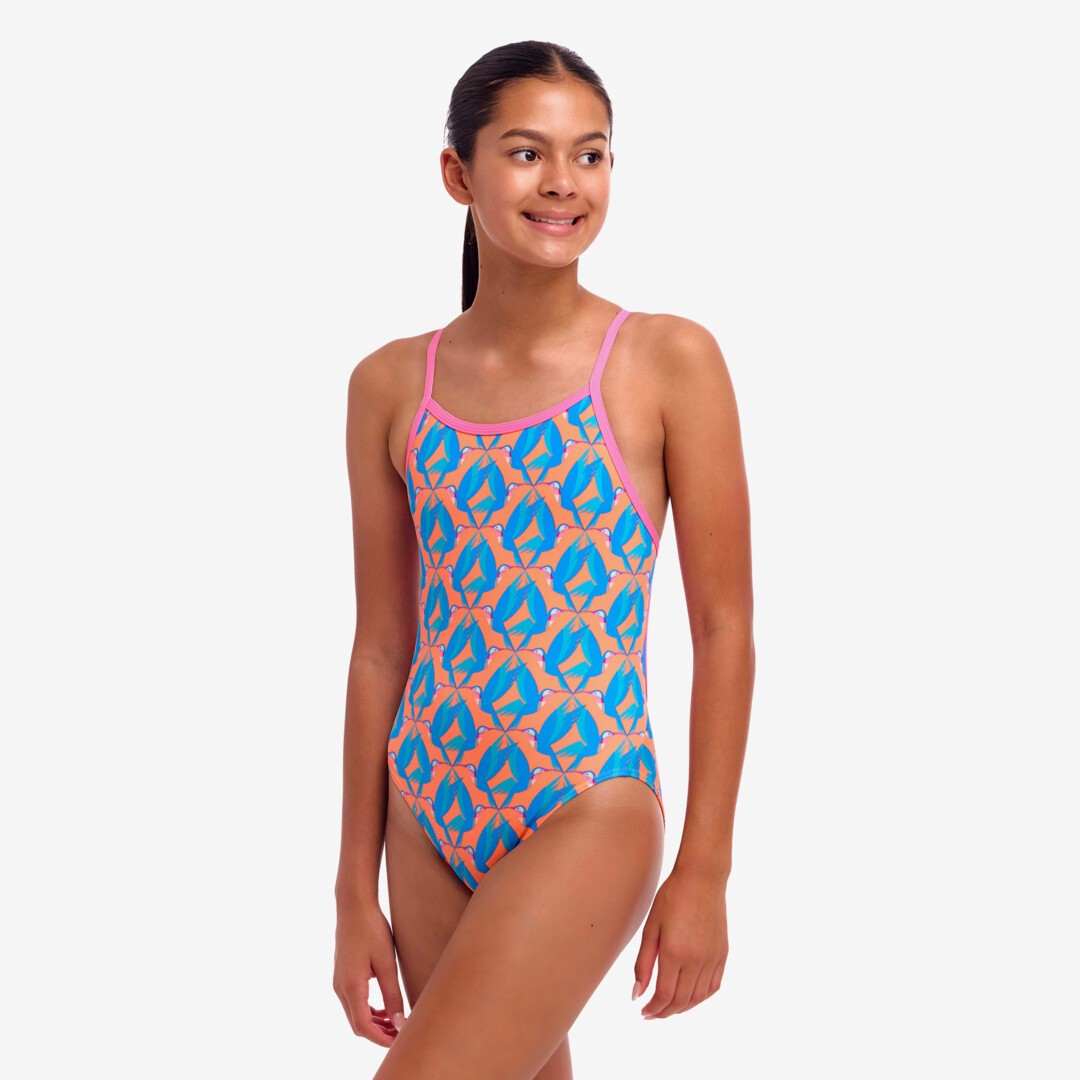 Funkita Girls Single Strap One Piece in the bold In A Flap print. Chlorine-resistant, UPF50+