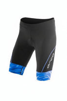 Black Orca cycling shorts with blue patterned cuffs, shown on a white background with a red 'Clearance Now on Discontinued Items' badge and a black price overlay.