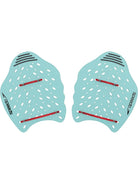 Pair of turquoise swim paddles with red sticks on a white background