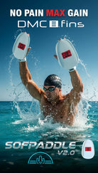 Person using DMC fins with text 'No Pain Max Gain' and 'SOFPADEL V2.0' on a blue background
