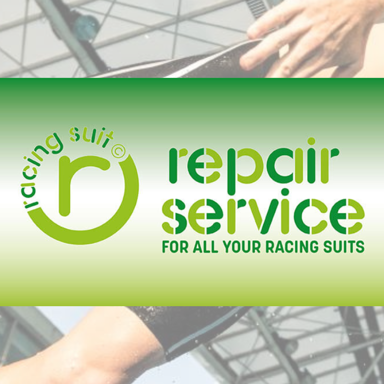 Advertisement for swimwear repair service by Swimwear Shack with a green banner.