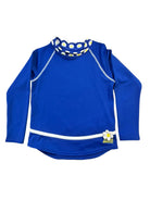 A royal blue long-sleeve swim shirt with white and yellow daisy patterns on the collar and hem, featuring a white horizontal stripe and a small daisy patch with 'ZOGGS' text on the bottom right.