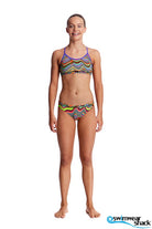 Woman wearing a colorful bikini set with a white background, featuring the brand 'Swimwear Shack'.
