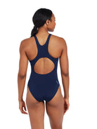 Zoggs Cottesloe Powerback one piece in Navy. 100% chlorine-resistant Ecolast+™ fabric, UPF50+, shelf bra & medium leg height. 