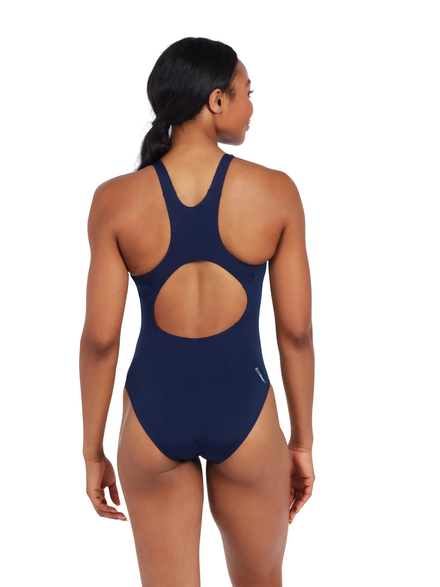 Zoggs Cottesloe Powerback one piece in Navy. 100% chlorine-resistant Ecolast+™ fabric, UPF50+, shelf bra & medium leg height. 