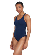 Zoggs Cottesloe Powerback one piece in Navy. 100% chlorine-resistant Ecolast+™ fabric, UPF50+, shelf bra & medium leg height. 