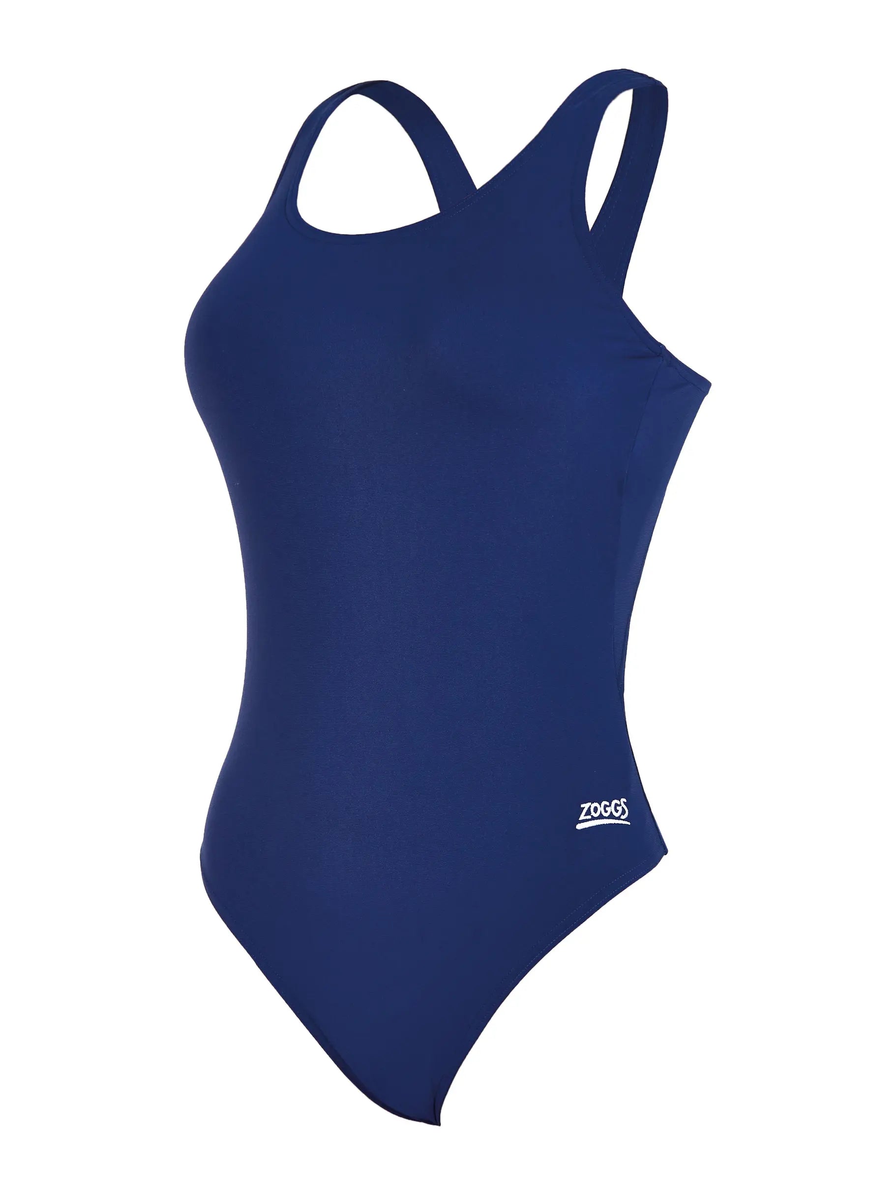 Zoggs Cottesloe Powerback one piece in Navy. 100% chlorine-resistant Ecolast+™ fabric, UPF50+, shelf bra & medium leg height. 