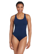 Zoggs Cottesloe Powerback one piece in Navy. 100% chlorine-resistant Ecolast+™ fabric, UPF50+, shelf bra & medium leg height. 